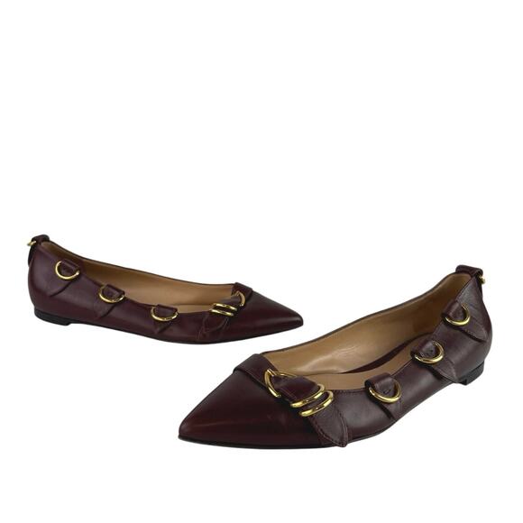 Gianvito Rossi Burgundy Leather Pointed Toe Buckle Strap Slip On Ballet Flats 9 - Picture 5 of 7